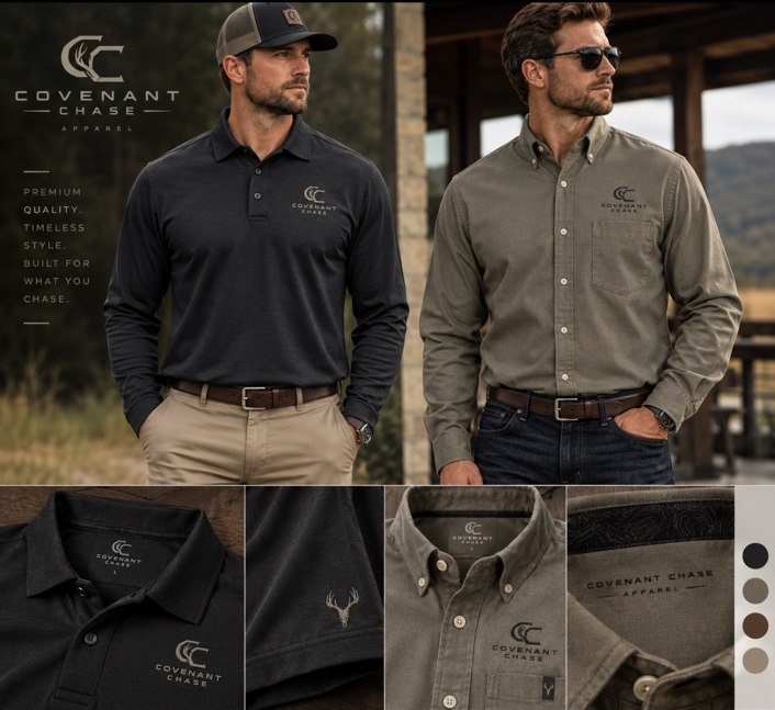 Covenant Chase dark polo and olive button-down collection
