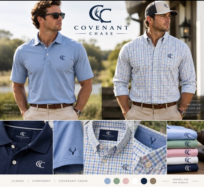 Covenant Chase light blue polo and checked button-down collection